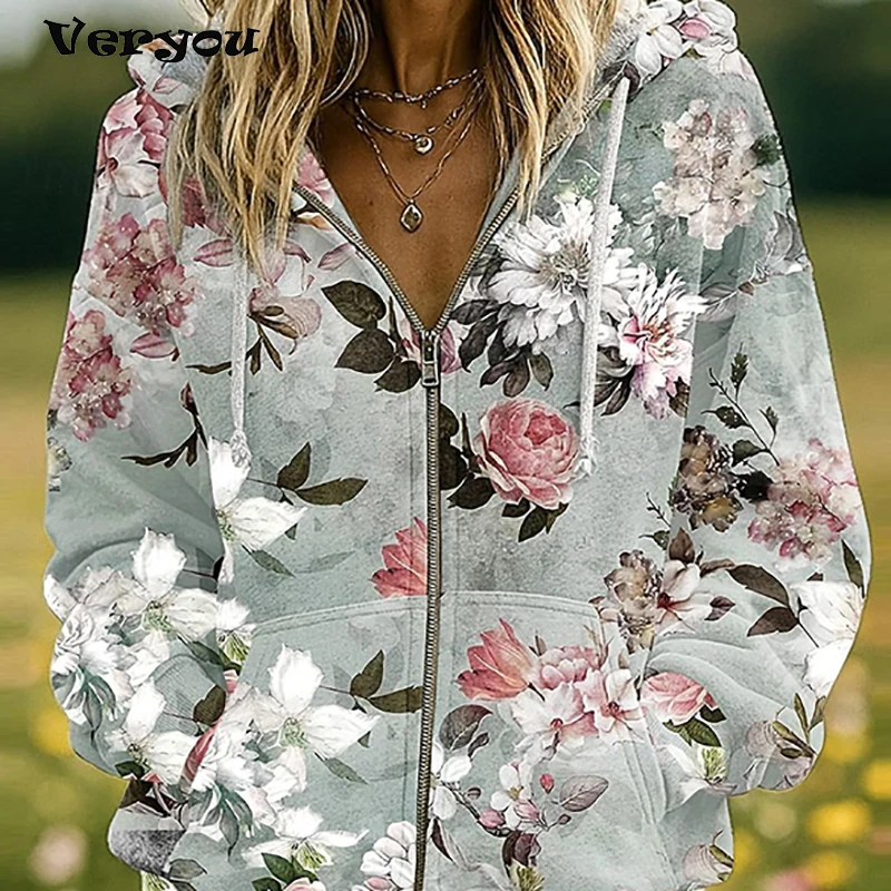 

Vintage Flora Print Hooded Sweatshirt Women Casual Loose Drawstring Tops Pullover Autumn Winter Long Sleeve Blouses