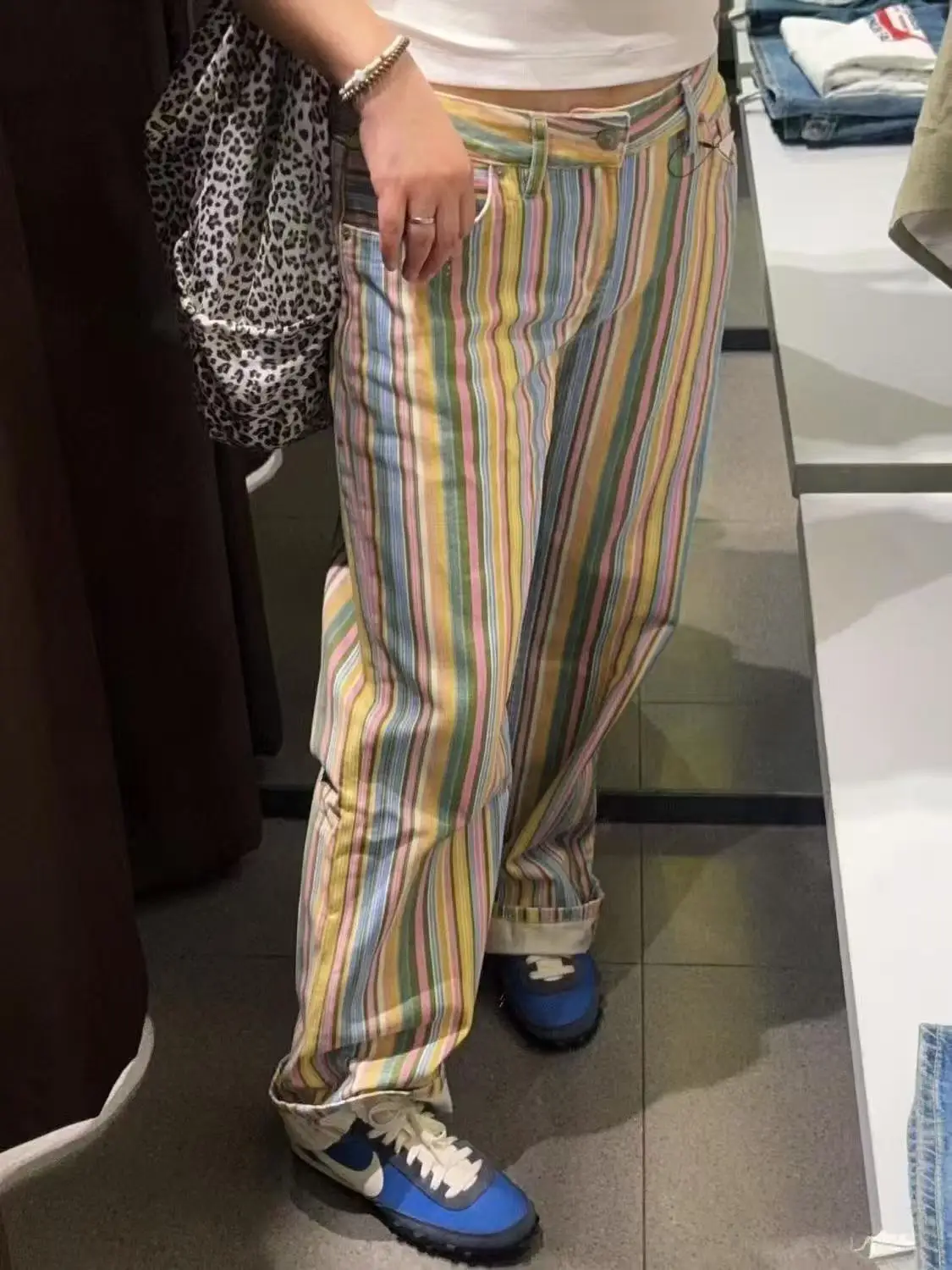 Women's Jean Contrast Color Striped Straight Low Rise Denim Pants Y2K Japanese Harajuku American Retro High Street Long Trousers