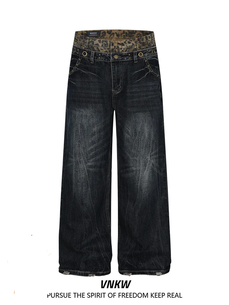 

Повседневные джинсы с широкими штанинами в стиле американской уличной моды, свободные прямые брюки с элементами пэчворка