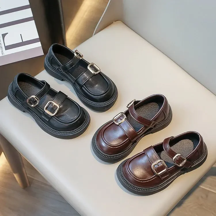 2026 Spring Children Leather Shoes Brown Black White Toddler Girls Flat Shoes Retro Color Elegant Kids School Shoes Girl 26-36