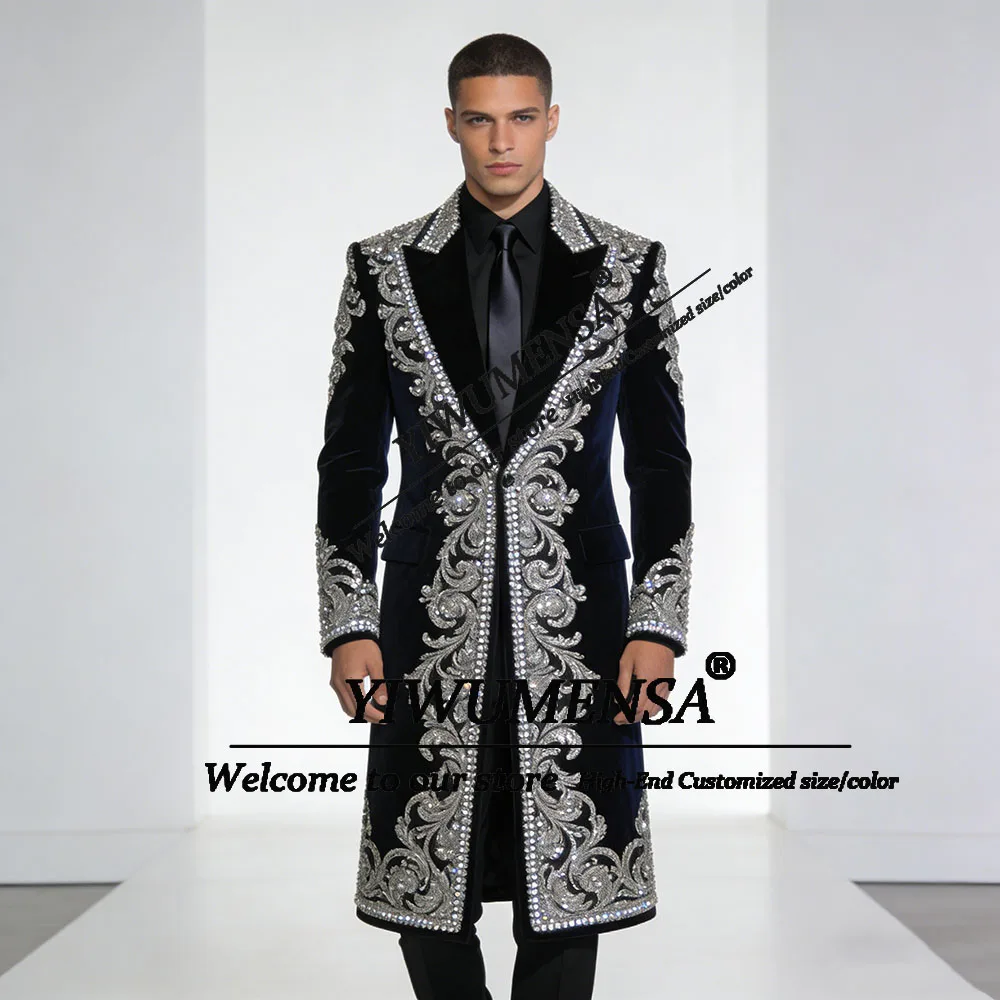 

Luxury Crystals Beaded Suits Men Long Customized Single Breasted Velvet Jacket Pants 2 Piece Set Groom Party Tuxedos Ropa Hombre