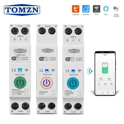 TOMZN 63A 1P + N WIFI interruptor inteligente medidor de energía Kwh medición monitoreo disyuntor temporizador relé MCB TUYA smartlife