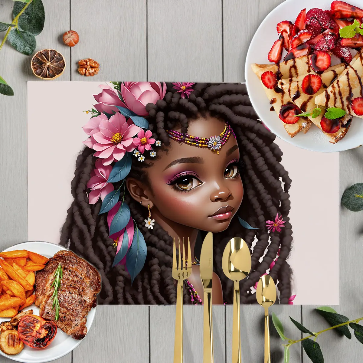 Cute Afro Princess with Cat Restaurant Insulated Placemat African Melanin Girls Non Slip Cup Coaster Kitchen Dish Pads Gift image 4