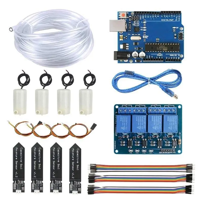 [A93Z!】 Kit DIY de irrigação automática de 4 vias com placa-mãe para UNO R3, kit de irrigação automática de flores de jardim com relé de 4 vias