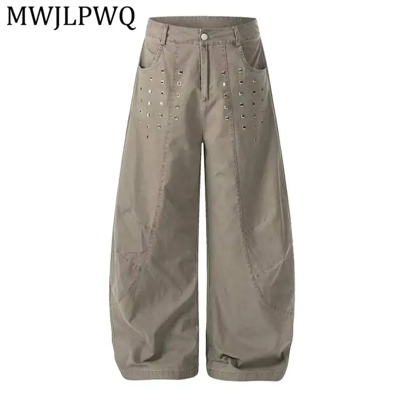 MWJLPWQ American Retro Deconstructed Rivet Casual Curved Pants For Men Women Spring Design Niche Loose Wide-Leg Pants New 17001