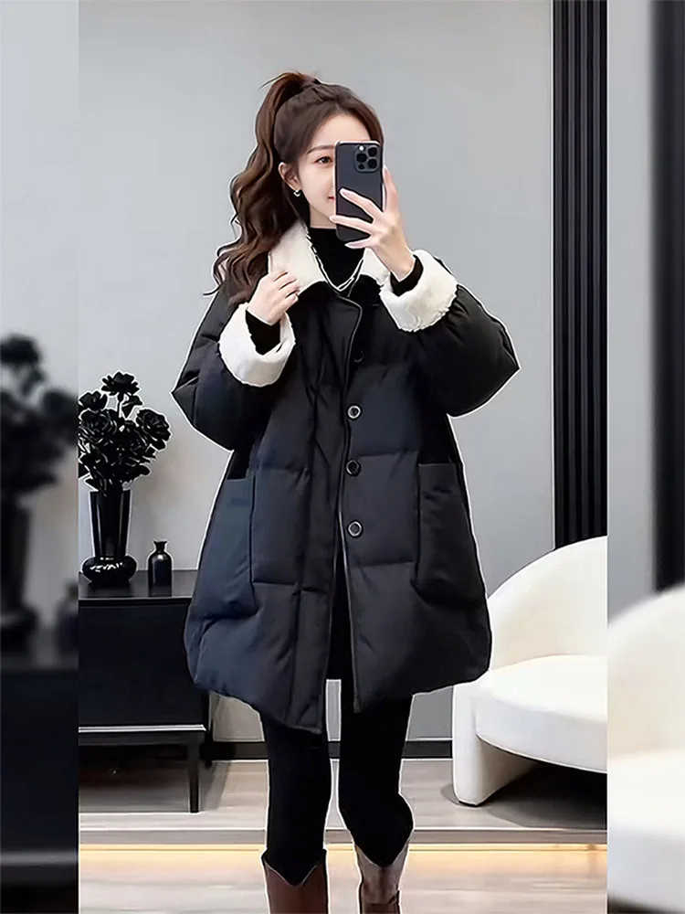 

Корейское женское зимнее пальто средней длины с теплым воротником и хлопковым длинным светом во французском стиле, облегающее посадку