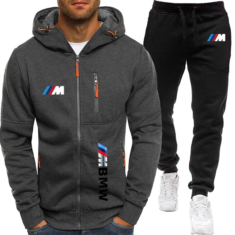 BMW Heren trainingspak met capuchon + joggingbroek Casual jogger sportkleding 2-delige herenrits racejas streetwear set