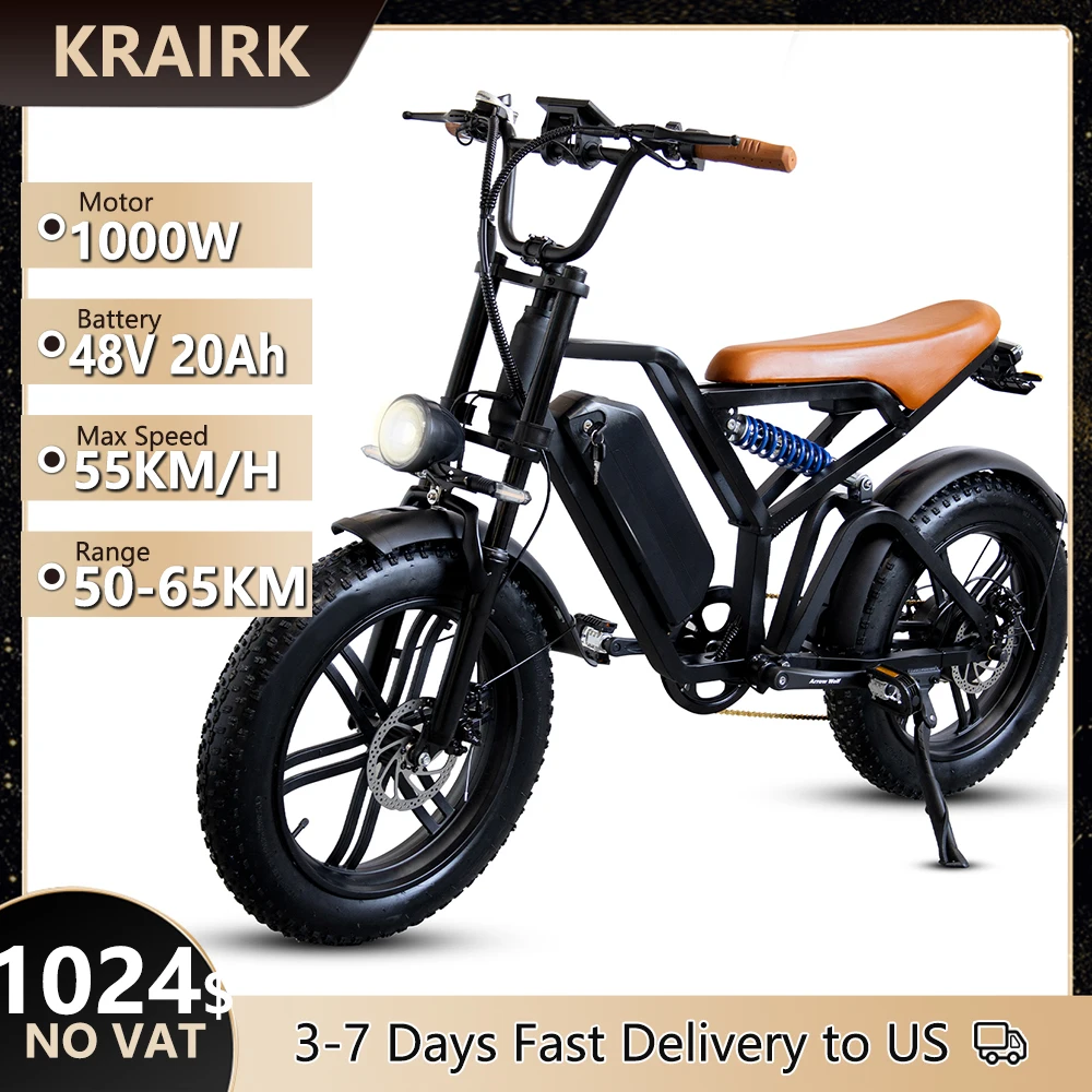 

Electric Bike 1000W 48V 20Ah Battery 55km/h Max Speed Moped Mountain EBike 20×4.0 Fat Tire Electric Bicycle for Adults