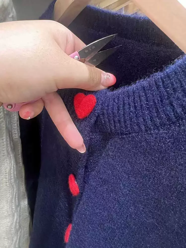 Korean Version Heart Button Sweater 2025 Spring Autumn New Long Sleeved O-neck Jacket Women's Versatile Loose Knit Cardigan Top