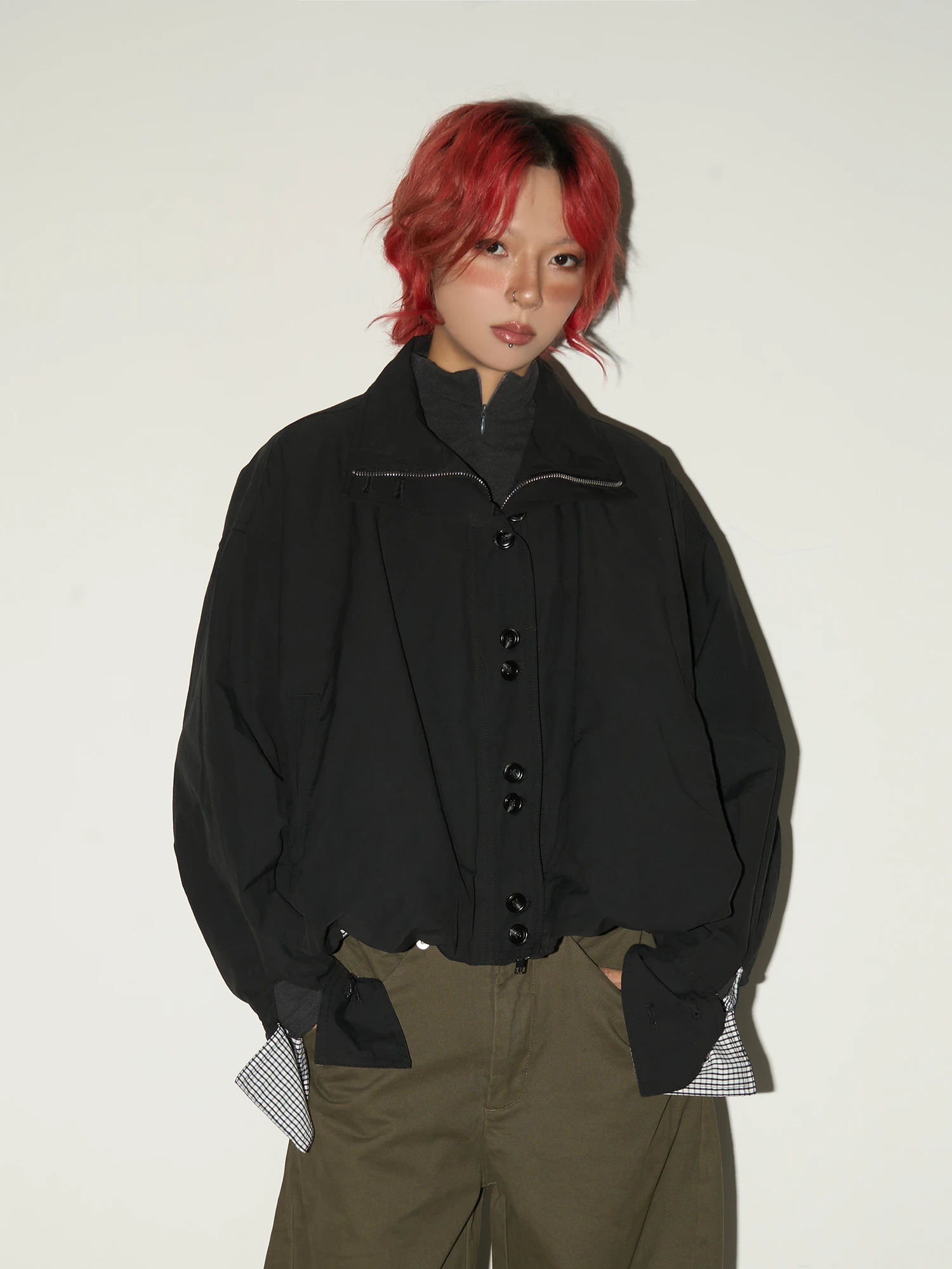 

MICHINNYON Casual Loose Fit Plaid irt Hem Flower Bud Design Turn up Sve Versatile Outerwear for Women Daily Wear