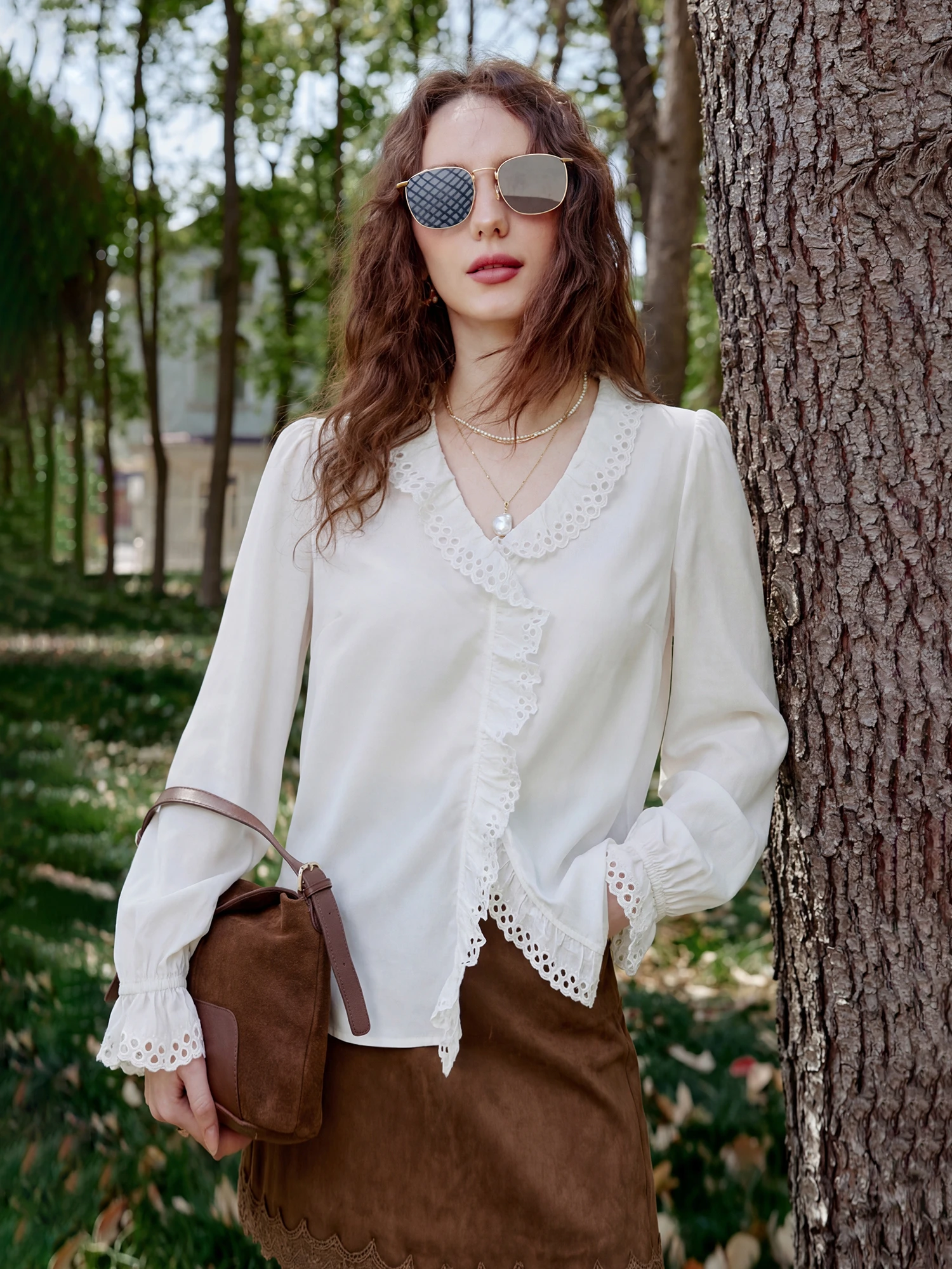 

Elegant Graceful Pumpkin Valley Shirt Textured Fabric Hollow out Lace Long Sleeve V-Neck Women's Comfortable Breathable Shirt