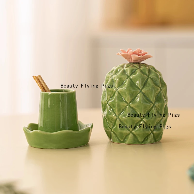 1pc Ceramic Cactus Toothpick Jar Living Room Dining Table Decoration Ornaments Moisture Proof Toothpick Jar Dental Floss Box view 2