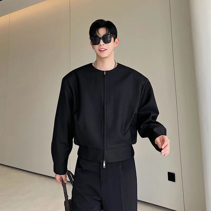 짧은 유니섹스 지퍼 재킷 한국 스타일 가을 디자인 더블 헤드 지퍼 칼라 없음 남성용 심플하고 세련된 아우터웨어