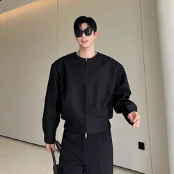 짧은 유니섹스 지퍼 재킷 한국 스타일 가을 디자인 더블 헤드 지퍼 칼라 없음 남성용 심플하고 세련된 아우터웨어