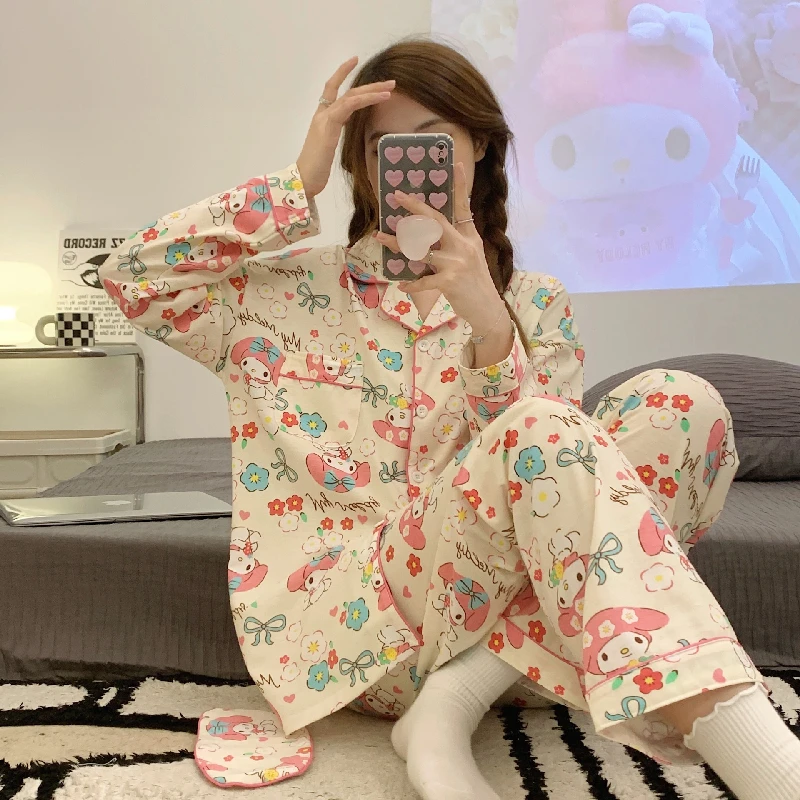 New Anime Sanrio Flower My Melody Kawaii Girl Pajamas Spring And Autumn Cartoon Long Sleeve Comfortable Casual Home Clothes Suit