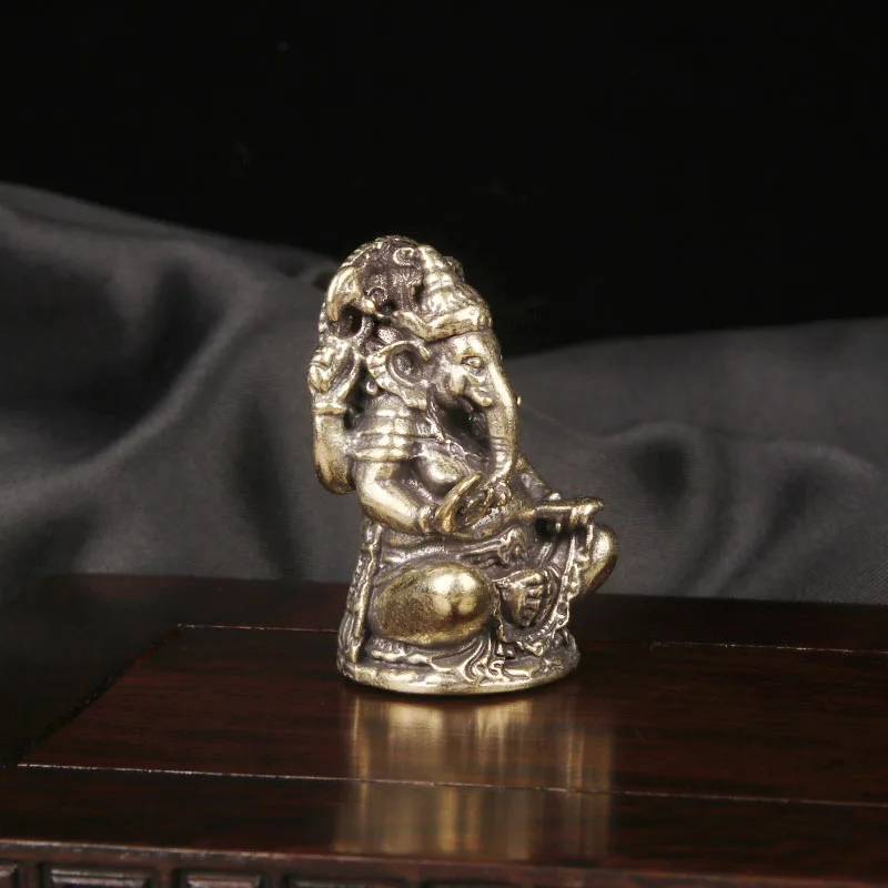 Vintage Brass Ganesha Desktop Ornament - Religious Elephant-Headed God of Wealth Enshrined Statue Handcrafted Copper Artwork