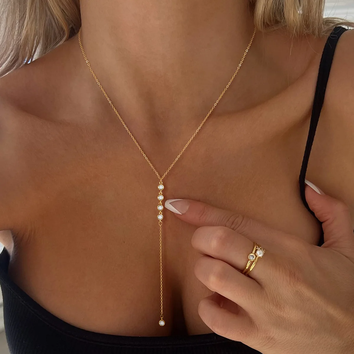 

Simple Zircon Long Tassel Chain Y Shape Necklaces for Women Metal Geometric Bead Necklace Fashion Party Jewelry Accessories