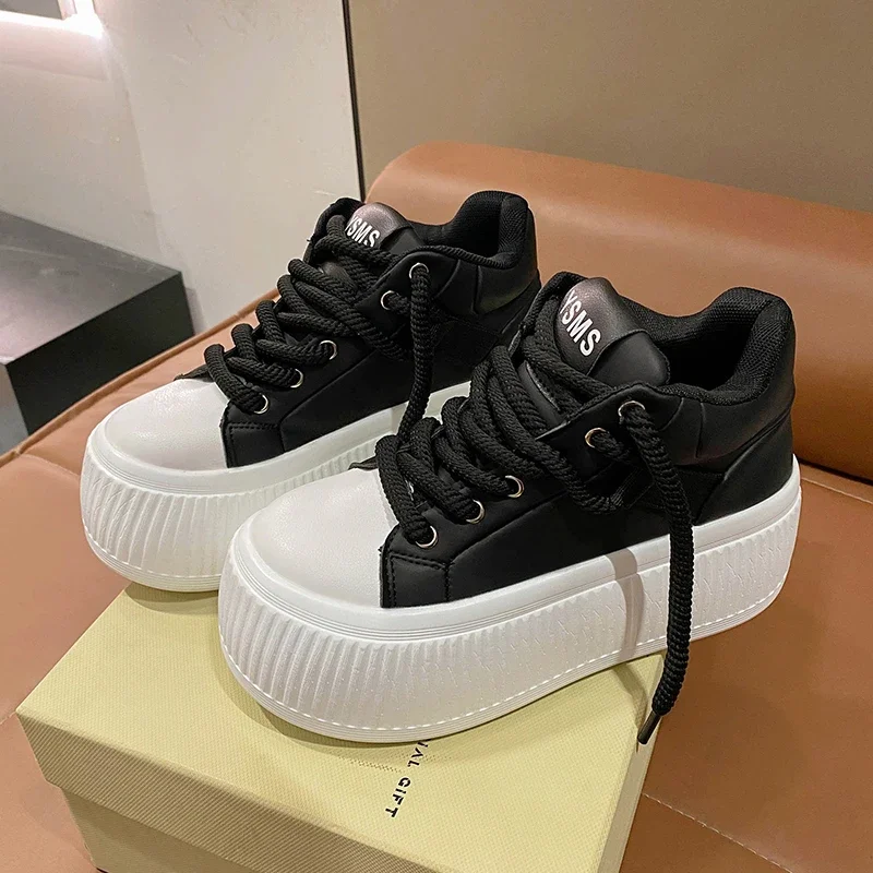 Women Leather Chunky Sneakers New 2023 Autumn Platform Casual Shoes Lace-up Dad Sport Shoes Woman Black Vulcanized Shoes 6.5CM