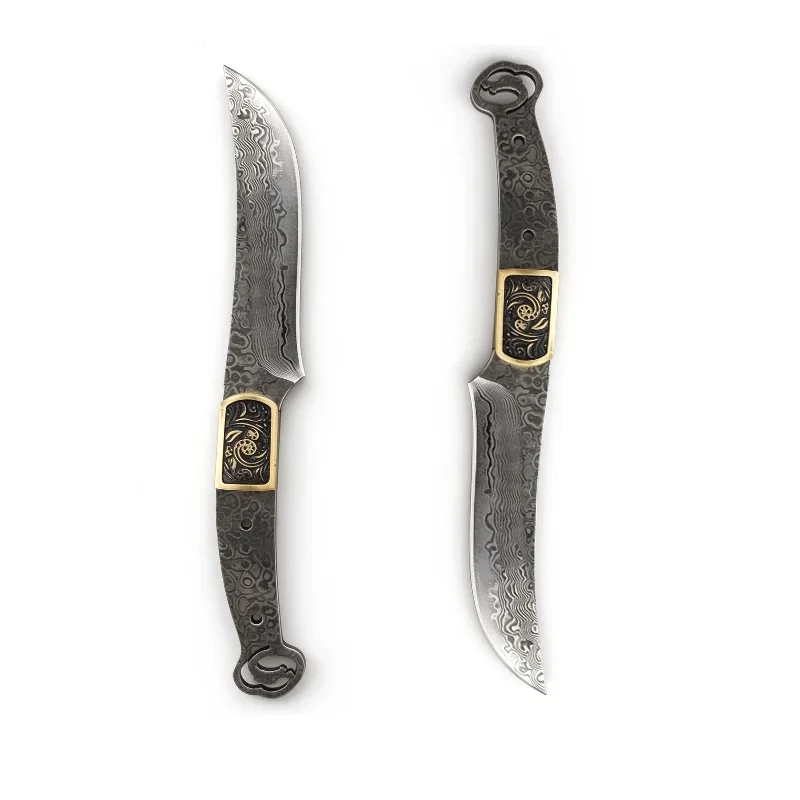 Damascus Steel Full Tang Blade Blank, Semi-finished Fixed Blade, Vintage Brass Bolster with Snake Lanyard Hole for DIY Crafting