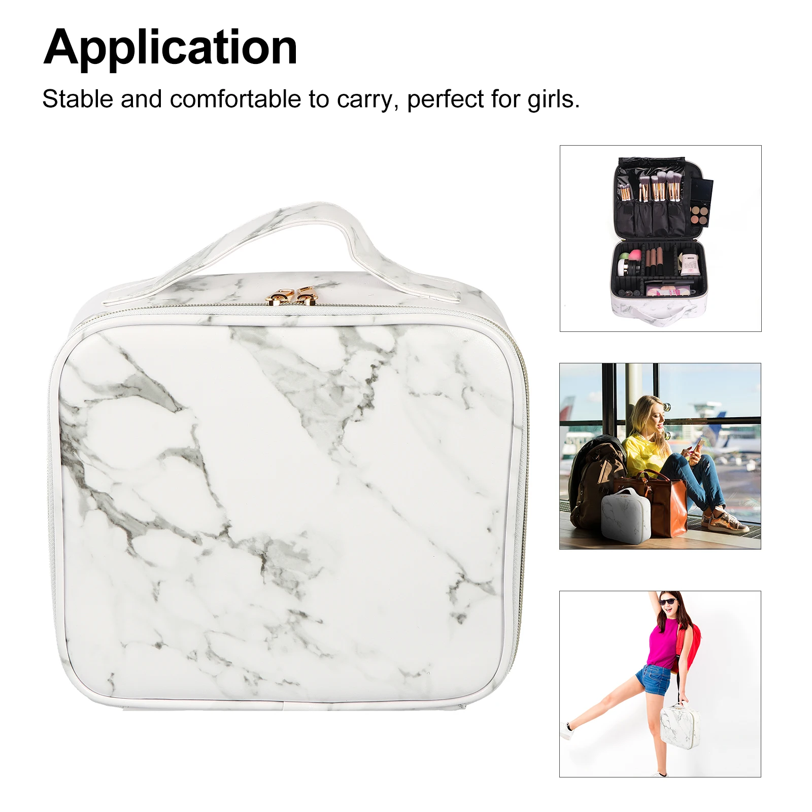 

1pc Marble Case Compartment Storage Organizer Portable Makeup White Train Travel High Quality PU Nylon Metal Material