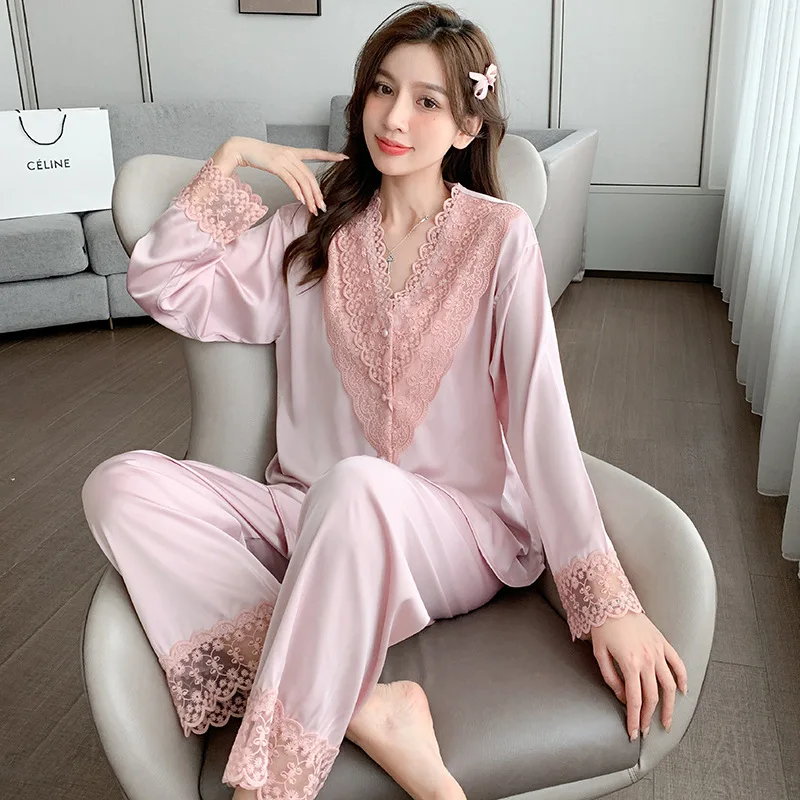 

Women Lace Pajamas Sets Sexy V-Neck Rayon Sleepwear Suit Knee-Length Nightgown Lingerie Home Pyjamas Nightwear Sleepshirts M-XL