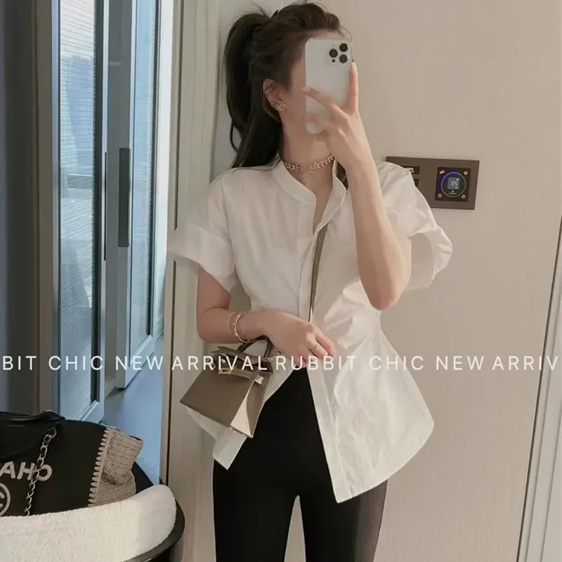 

French Retro Stand-up Collar White Short-sleeved Women's Summer New Waist-tie Shirt Puff-sleeve Top