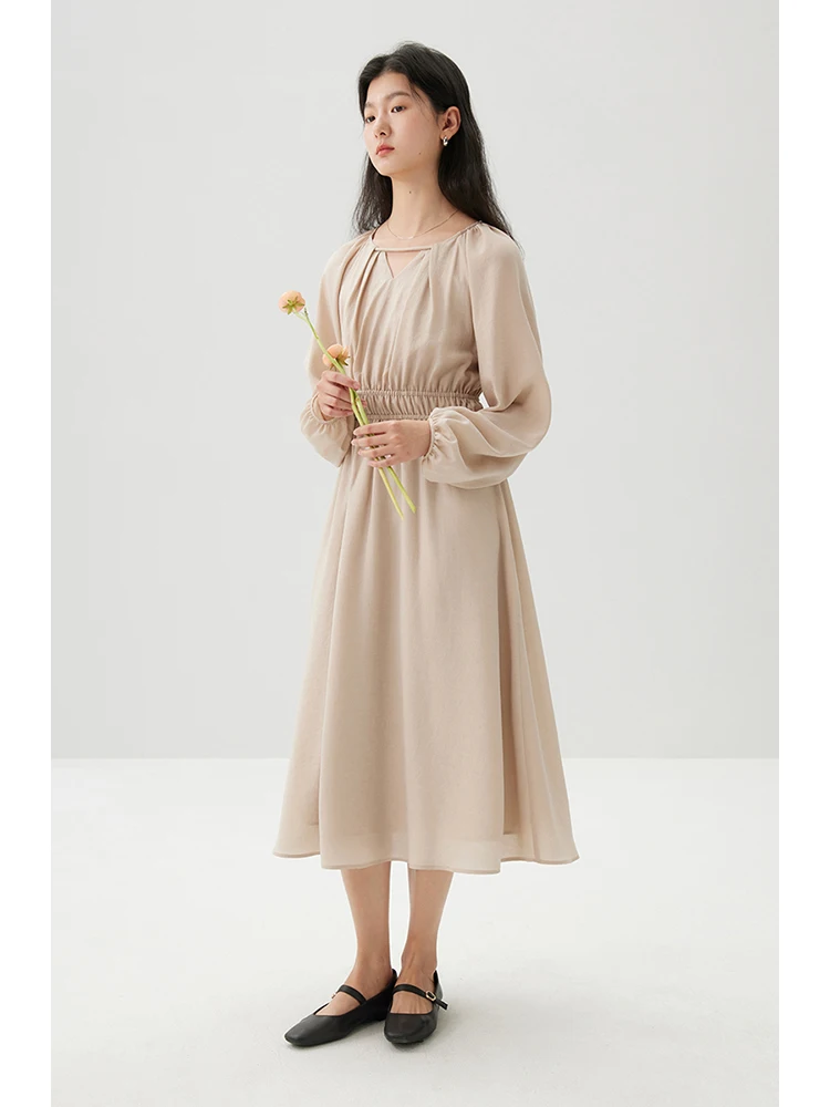 ZIQIAO Petite French Elegant Waist Slim Mid length Dress for Women\'s 2024 Spring Dress New Style Khaki Skirt 24ZQ91223