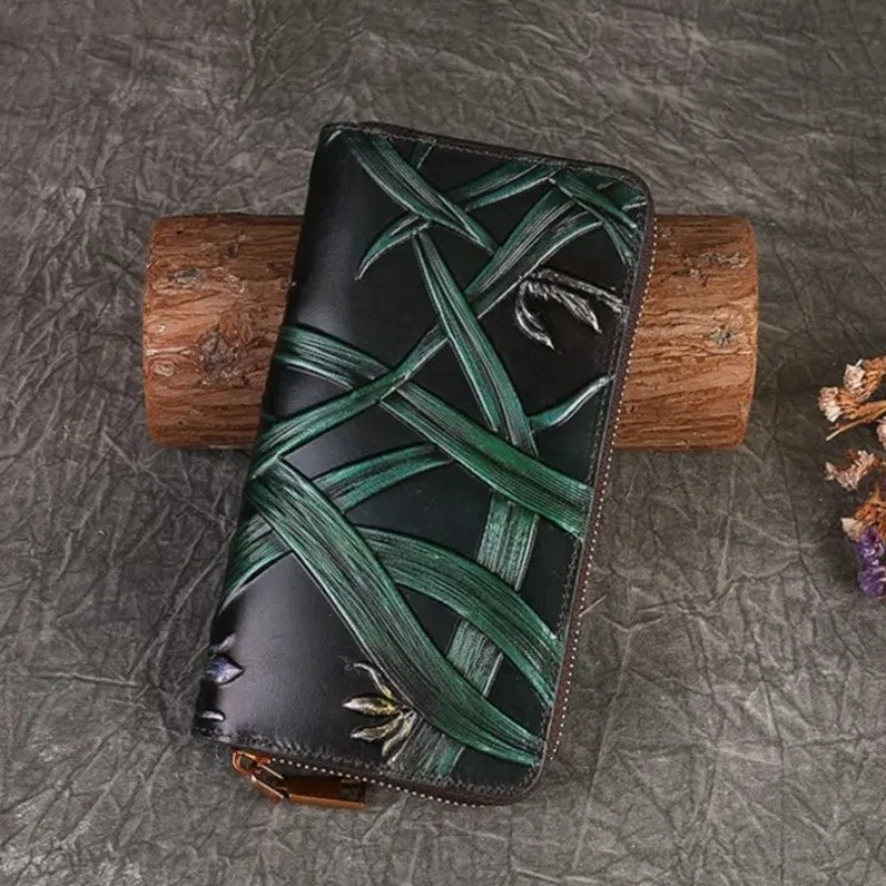 حامل بطاقات جلد طبيعي للنساء ، جودة عالية ، عتيق ، منقوش يدويًا ، جلد البقر ، حقيبة محفظة طويلة