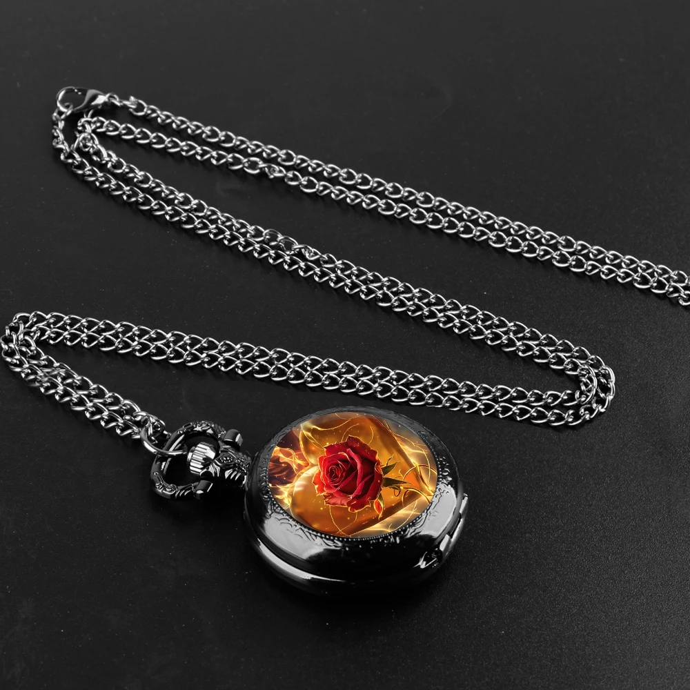 Fiery Rose-reloj de bolsillo de cuarzo negro para hombre y mujer, pulsera con cadena duradera, números árabes, pantalla de tiempo, regalo