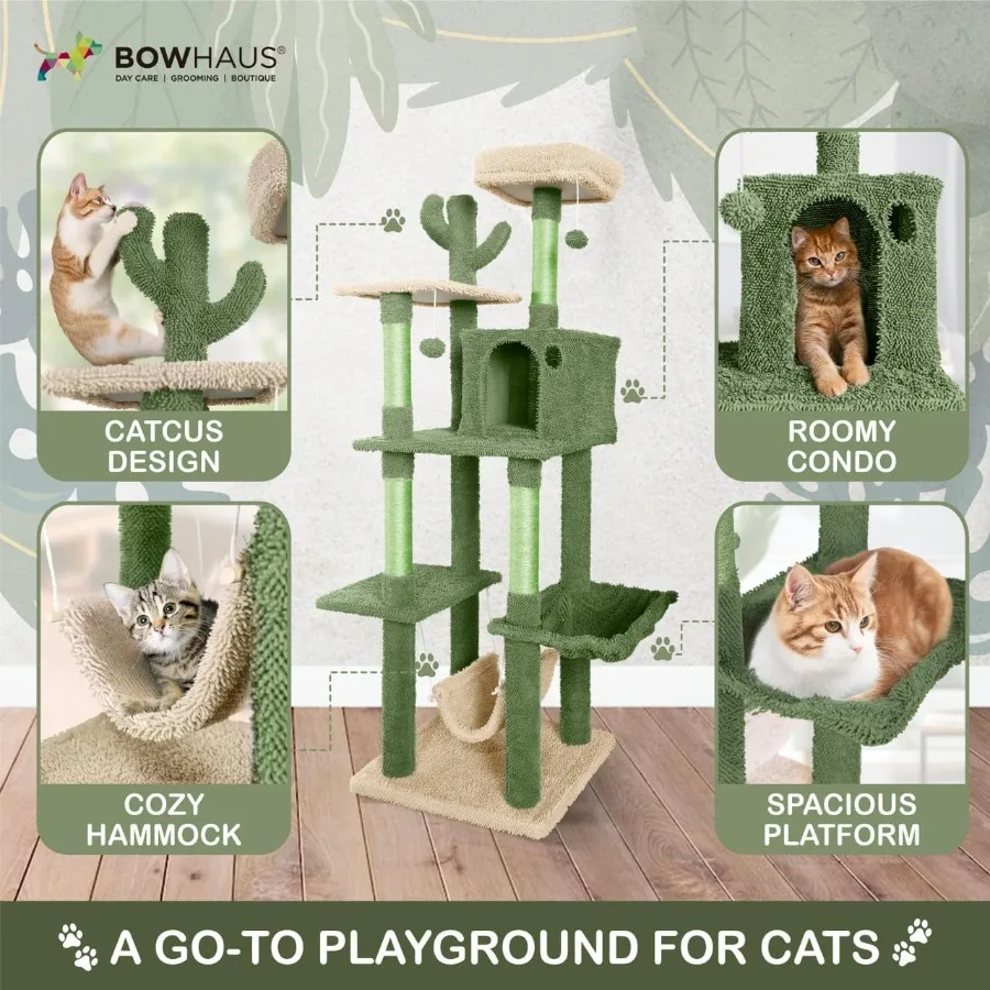 Cactus Cat Tree Multi-Level Cat Activity Tree with Plush Perch Scratching Posts and Ramp Cat Cave Condo for Large Cats and Kitt