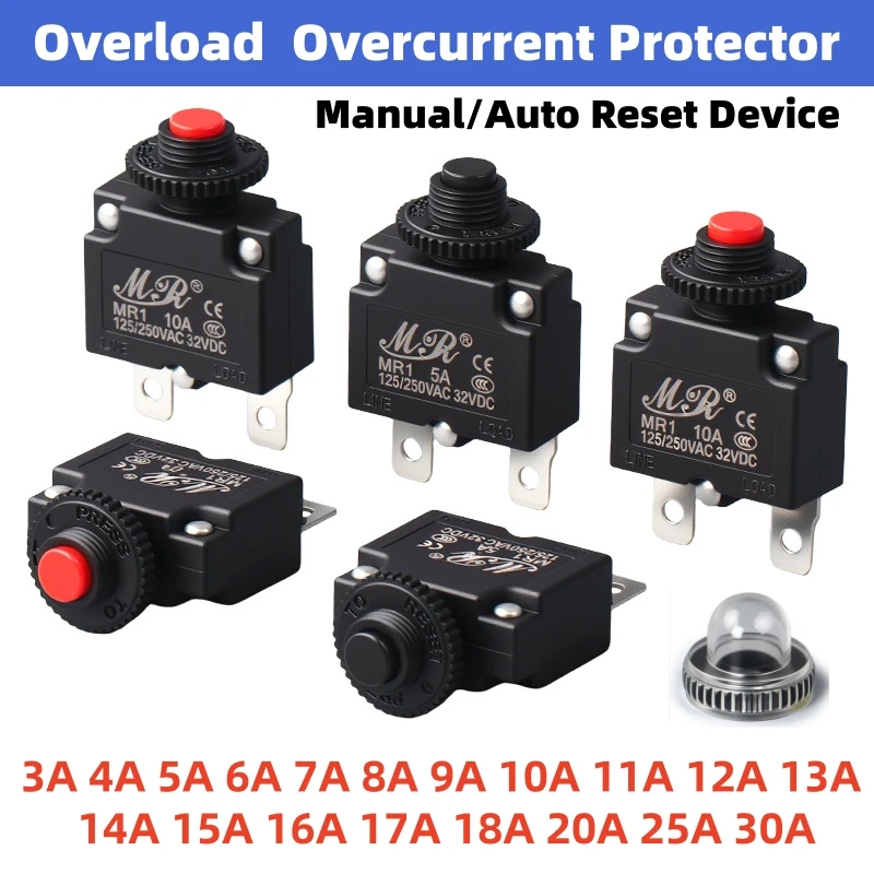 Overload & Overcurrent Protector 3/4/5/6/10/12/20/25/30A Resettable Circuit Breaker for Water Pump, Air Compressor & Car Washer