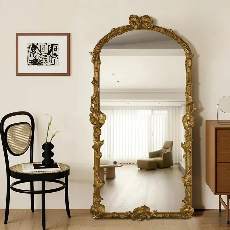 American retro floor mirror frame, high-end vine carving, French home living room, light luxury decorative mirror, dressing mirr