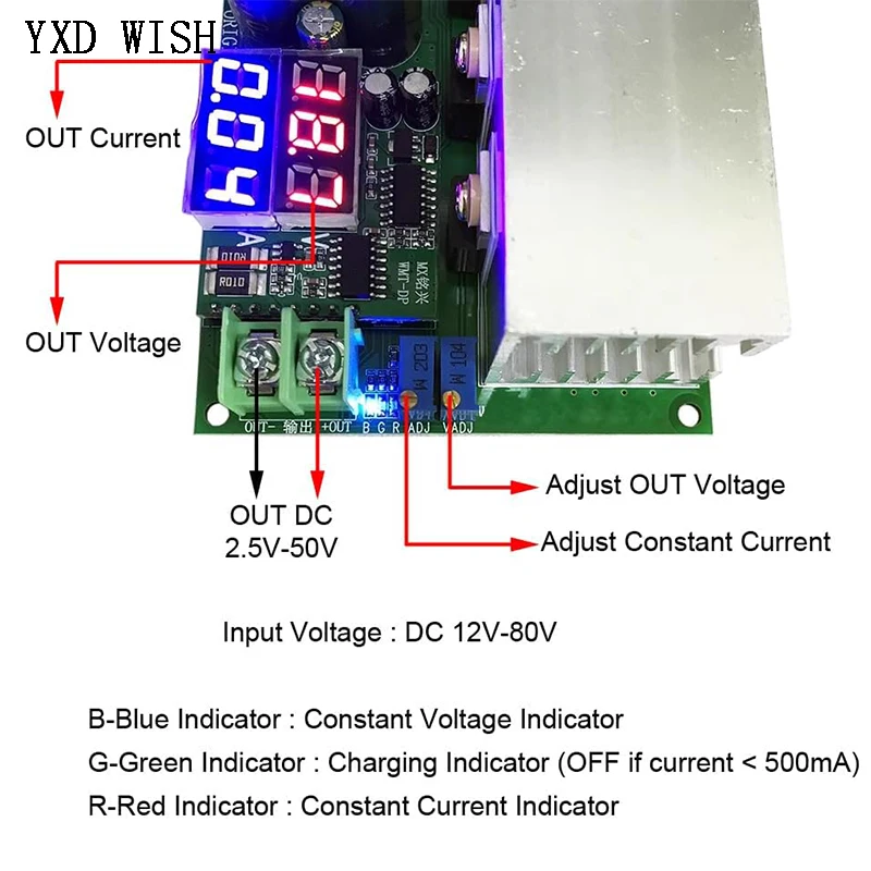 DC-DC High Power 600W Adjustable Step-down Converter Power Supply DC 12V-80V To 2.5V-50V Buck Converter 25A Constant Current