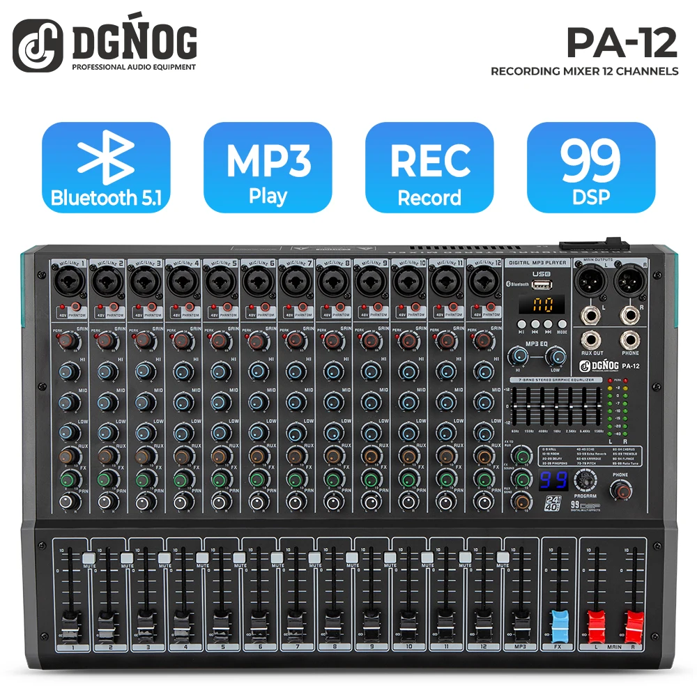 

12-канальный аудиомикшер DGNOG PA-12, профессиональная DJ-консоль с 99 DSP, реверберацией, Bluetooth, USB, подходит для сценических выступлений и студий