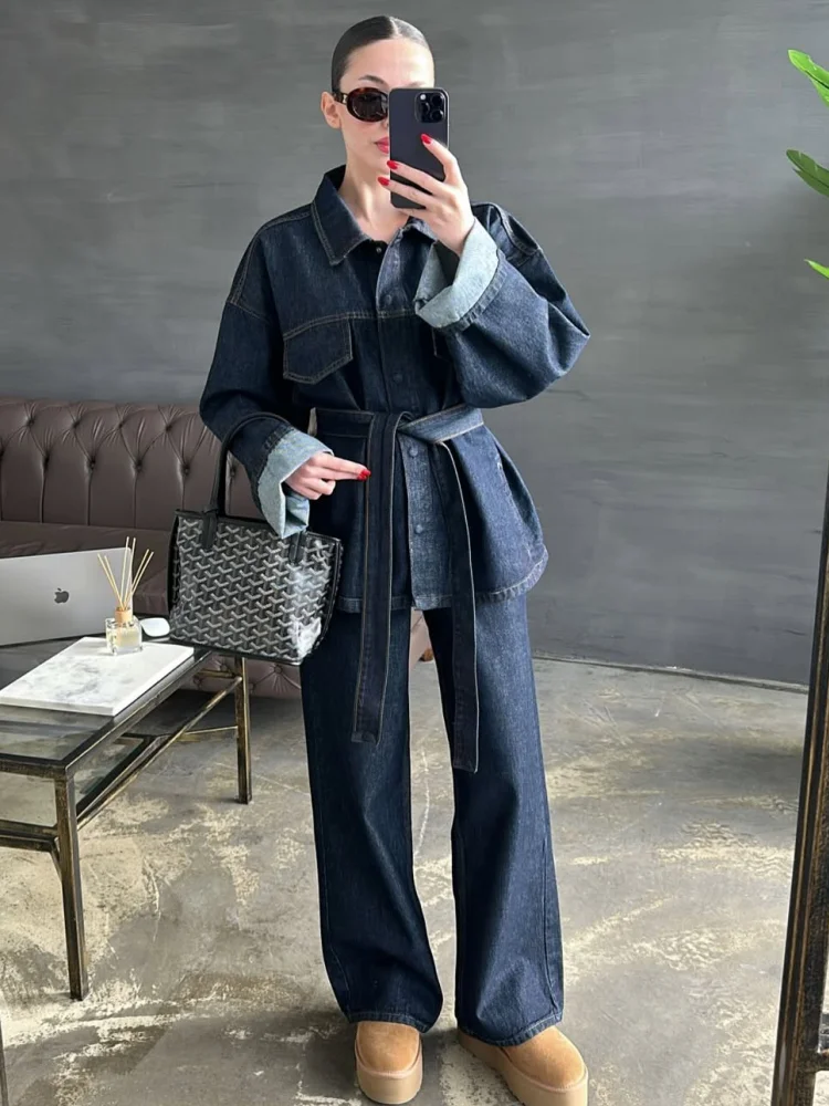 

Belt Denim Shirt Coat Jeans Pants Set Waist Cinched Lace Up Loose Casual Women Cowboy Waistband Jacket Top Wide Leg Trouser Suit