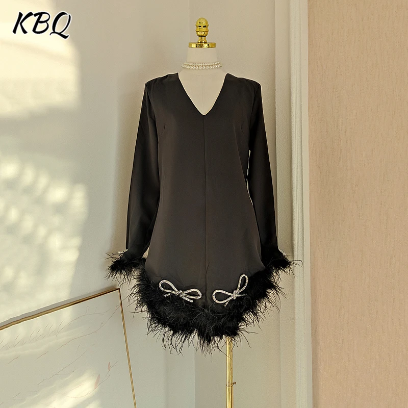 KBQ High Street Solid Spliced Plume Loose Dresses For Women V Neck Long Sleeve Patchwork Diamond Bow Slimming  Dress Female New