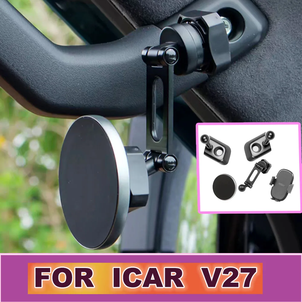 Suporte de Celular para Pilar A do Carro para Chery iCAR iCAUR V27 2026-2027, Montagem Magnética e por Gravidade, Braço Ajustável em Liga Metálica