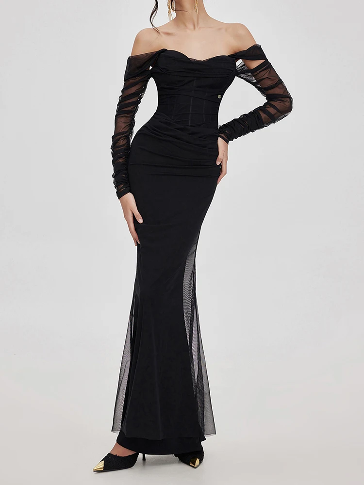 DEAT Elegant Dress Slash Neck Gauze Long Sleeve Slim Waist Solid Trumpet Women\'s Evening Party Dresses 2024 Autumn New 35Z995