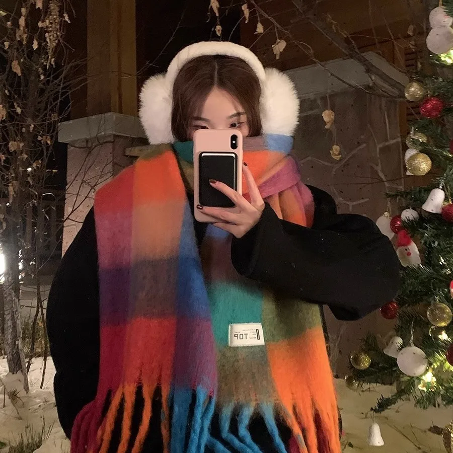 قوس قزح اللون مطابقة منقوشة وشاح تطول وسميكة فتاة الدافئة وشاح للرقبة الشتاء متعدد الألوان الموهير شال الزخرفية