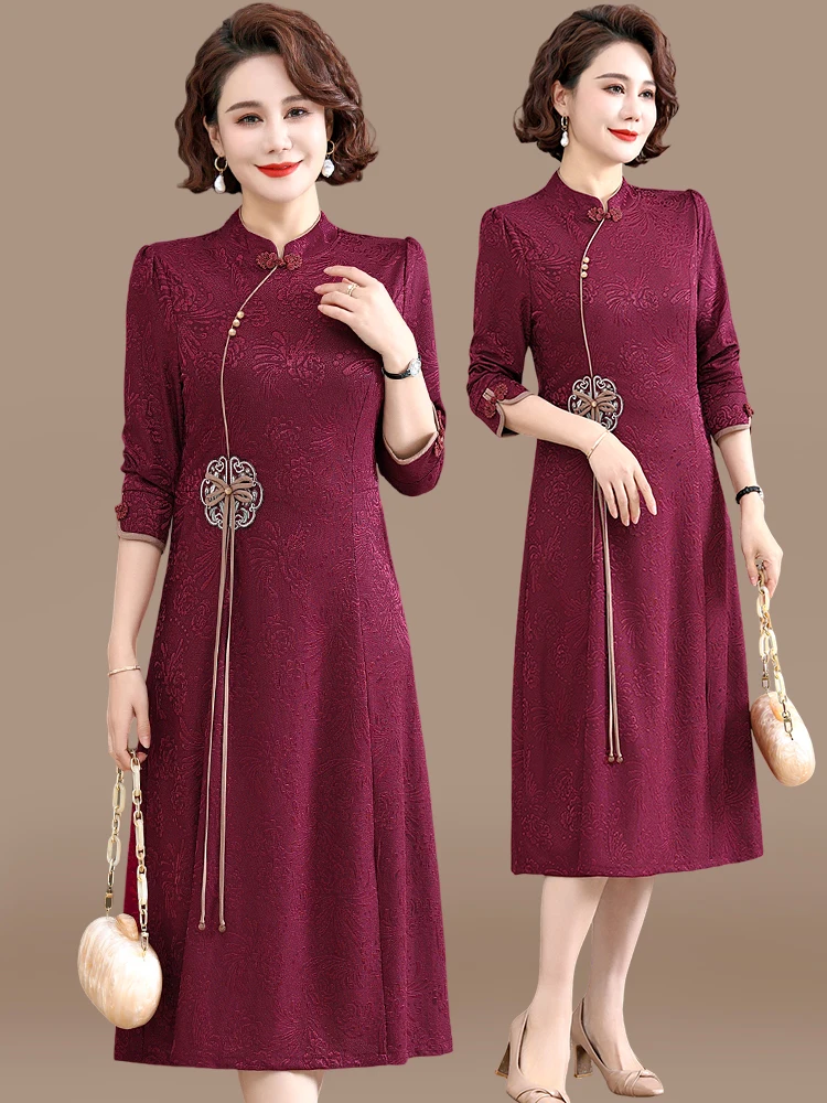 

Spring Faion Midi Dr Wedding Guest Outfit for Middle-Aged And ly Women Zipper Closure Polyester Blend Long Sve