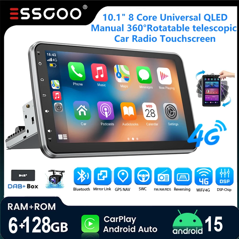 ESSGOOO 10,1" 6+128GB Android15 8-Kern-Autoradio Drahtloses Carplay Drehbarer Bildschirm GPS NAVI DSP USB 4G L WiFi Mic BT RDS FM AM