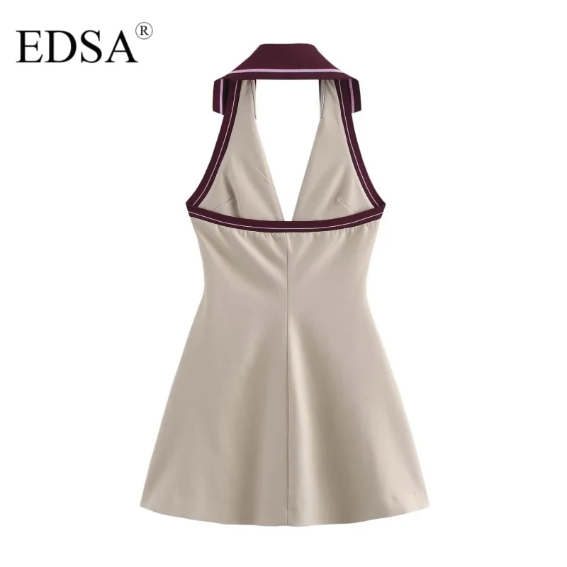 EDSA-Mini robe rayée pour femme, col en V, dos ouvert, fermeture éclair sur le devant