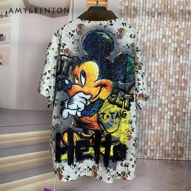 

Fashion Brand 2025 Summer Street Style Kawaii Top Blouse Full Print Oversized Cartoon Loose Short-sleeved Single-breasted Shirt