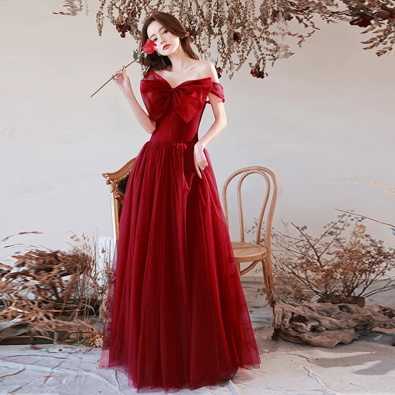 

Burgundy Evening Dress With Sweet Big Bow Fashion Spaghetti Strap Abiti Da Cerimonia Da Sera Simple Elegant Vestidos Ever Pretty