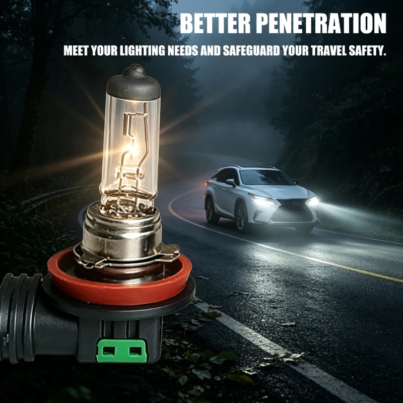 Automotive Halogen Headlight Bulb 12V H8/H9/H11 Front Lamp Replacement with Glass Tube, ABS Base and Metal Mount, D7YA