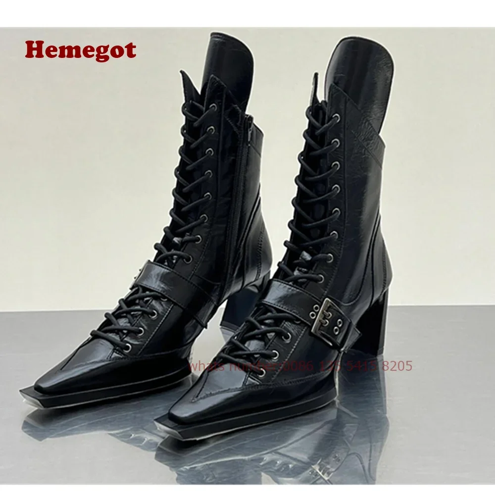 

Fashion Street Belt Buckle Ankle Boots Square Toe Patent Leather Block Heels Women's Boots Winter Black Glossy Warm Shoes Sexy