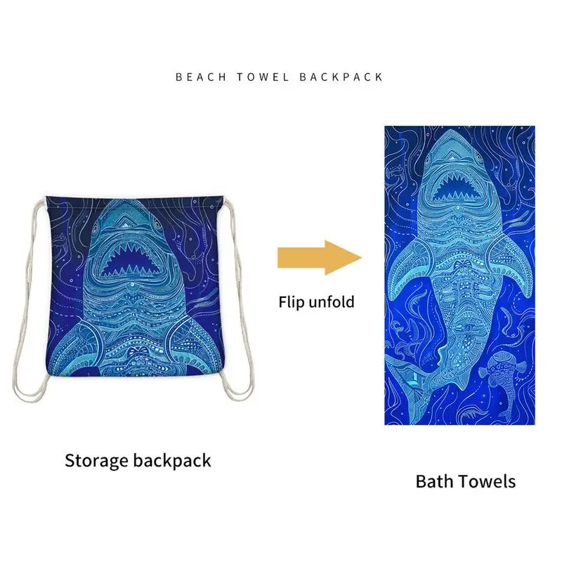 Travel Beach Blanket Backpack-Style Microfiber Beach Towels 2-in-1 Sandproof Shark Print Towel That Folds Into A Bag For