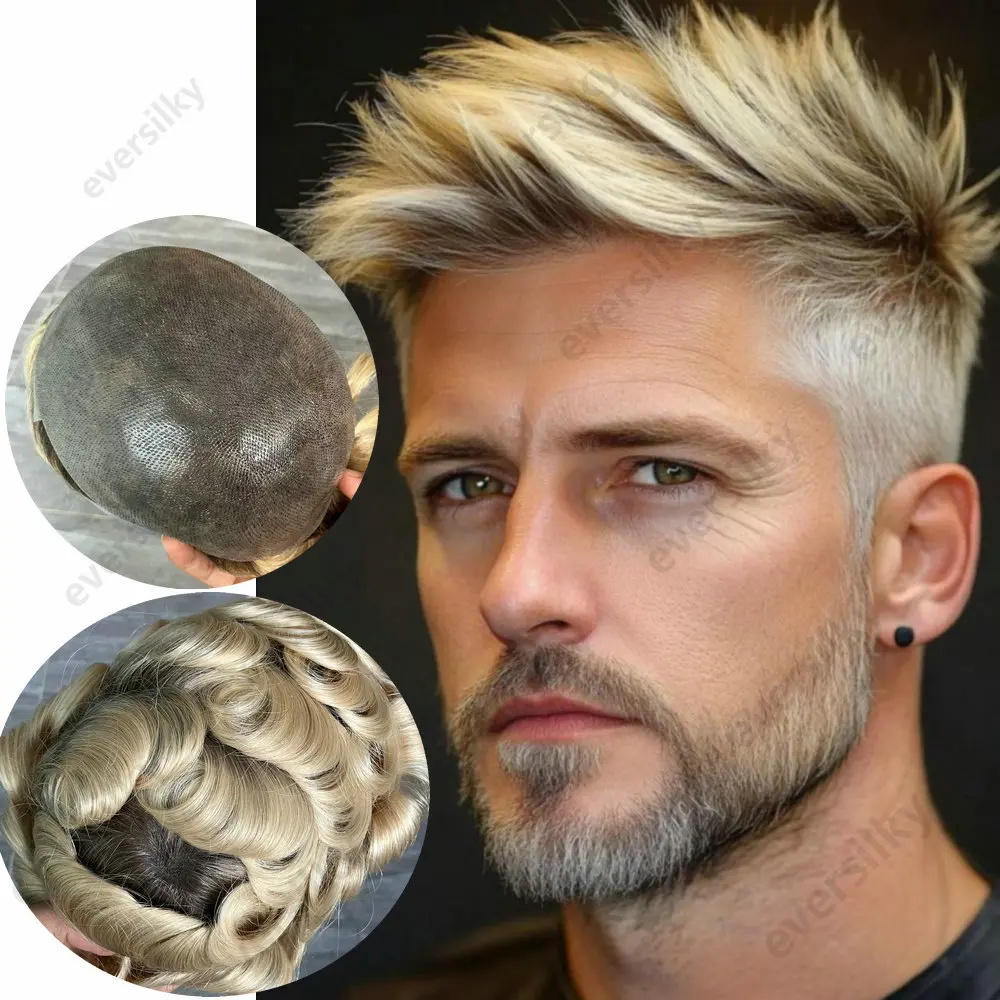 30mm Wellig/Glatte Super Natürliche Haarlinie 4T613 # Ombre Blonde Unentdeckbare 0,06mm Dünne Haut V-Loop Herren-Toupet Echthaar-Perücken – Detail 1