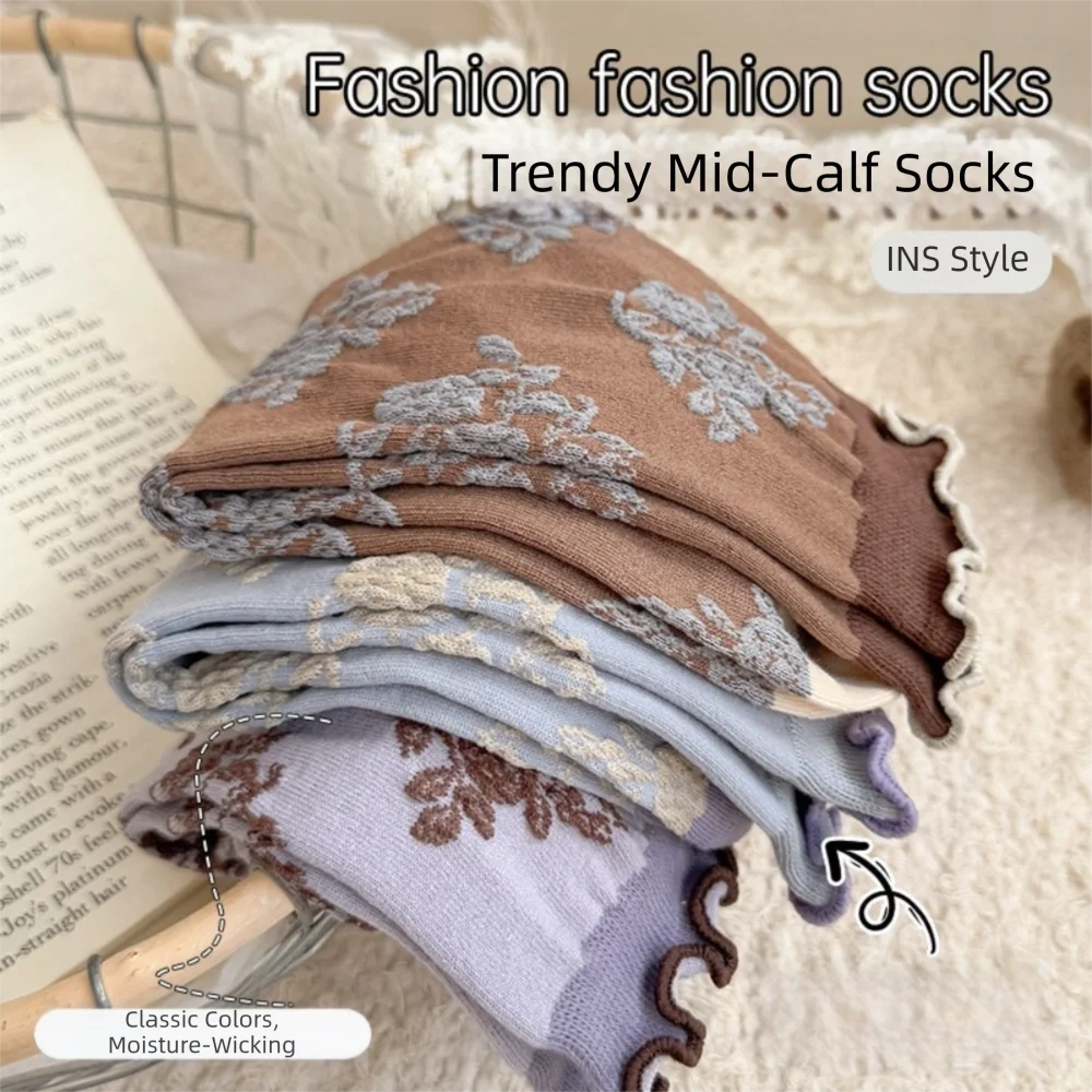 

New Casual Flower Socks Sweat Absorption Breathable Mid Tube Socks Retro Ruffle Socking Autumn