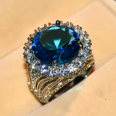 Luxury Female Big Blue White Zircon Stone Ring Silver Color Wedding Jewelry For Women